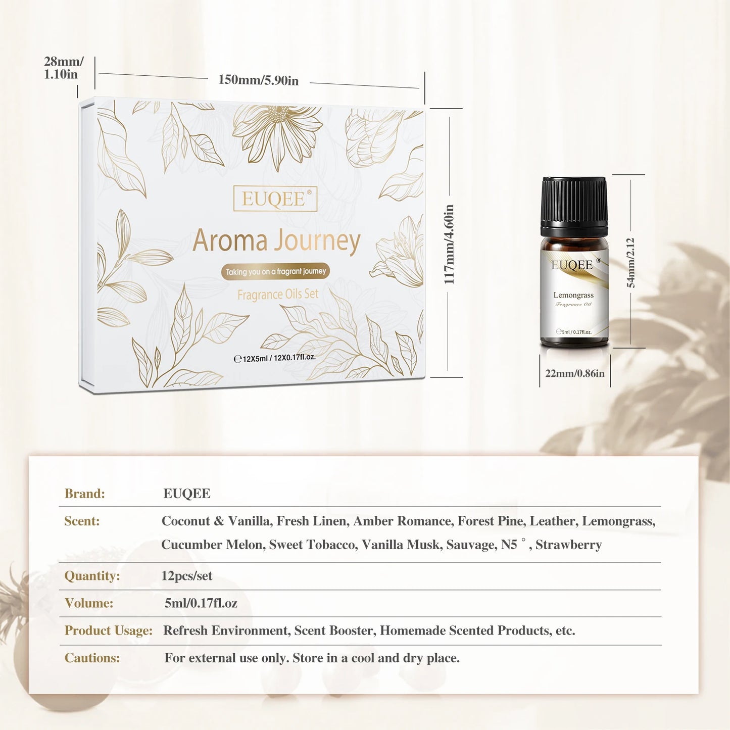 EUQEE 12 Bottles Fragrance Oils Set – Coconut, Vanilla, Amber, Pine, Leather & More
