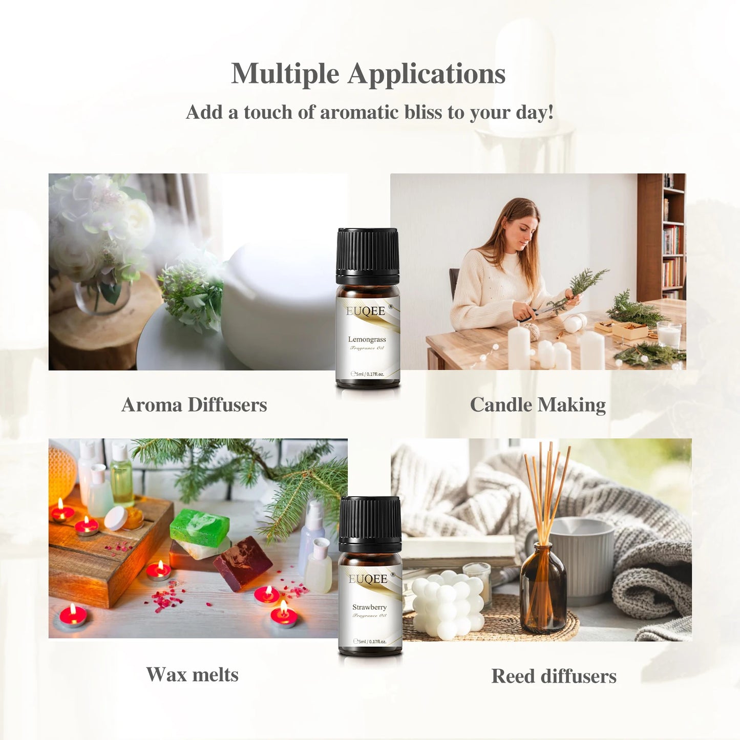 EUQEE 12 Bottles Fragrance Oils Set – Coconut, Vanilla, Amber, Pine, Leather & More
