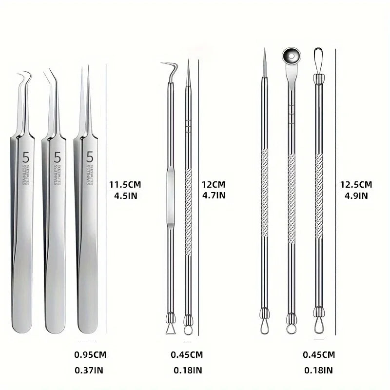 Stainless Steel Blackhead Removal Tool Set – Tweezers, Clips & Acne Needles for Facial Care