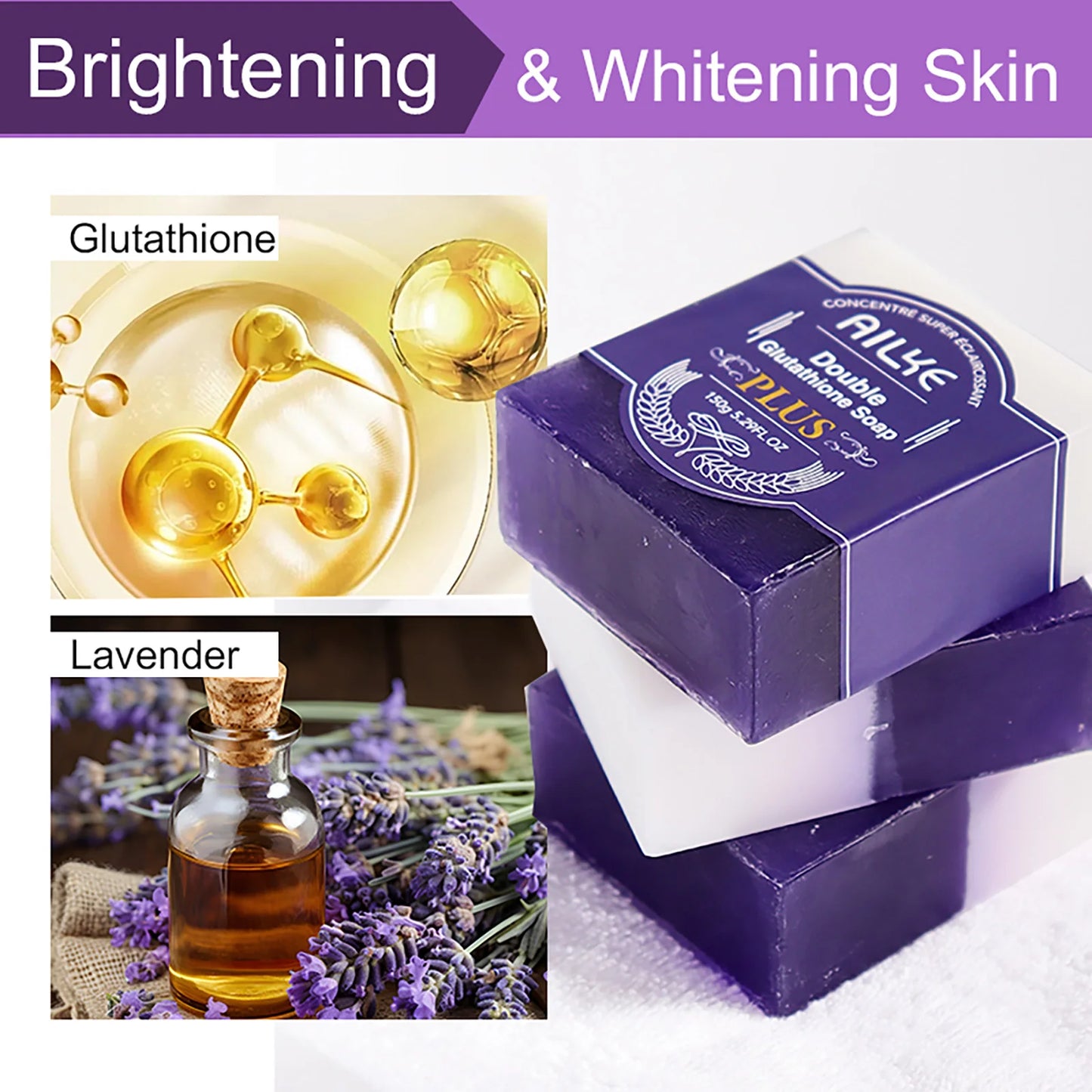 AILKE Double Glutathione Whitening Soap Bar: Deep Cleanse & Dark Spot Remover for Face & Body (Lavender Scent, 150g)