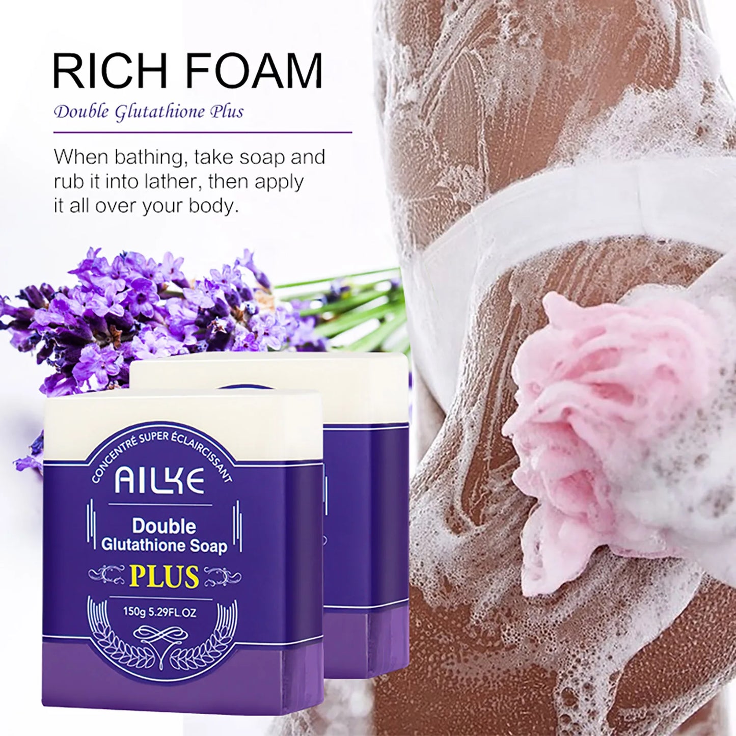 AILKE Double Glutathione Whitening Soap Bar: Deep Cleanse & Dark Spot Remover for Face & Body (Lavender Scent, 150g)