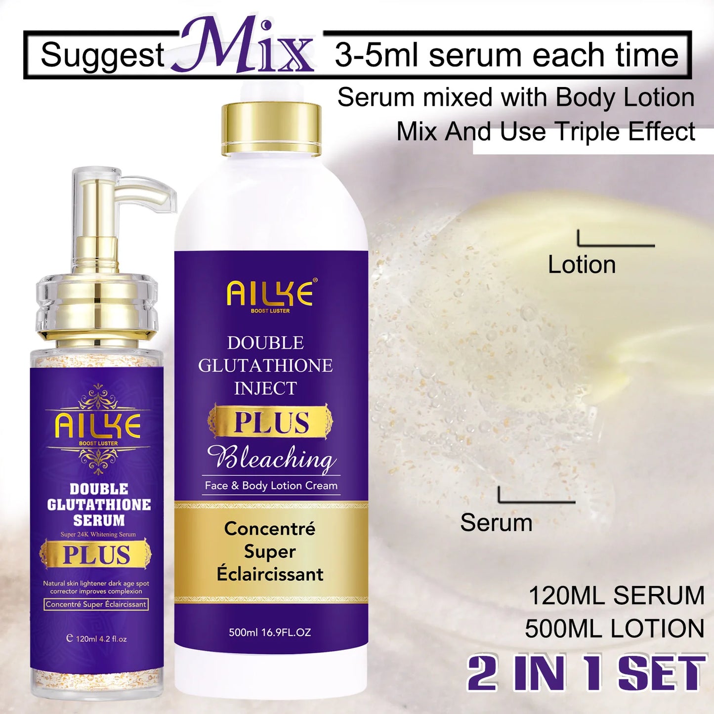 AILKE Double Glutathione Whitening Serum: Dark Spot Corrector & Hydrating Solution for All Skin Types (120ml)