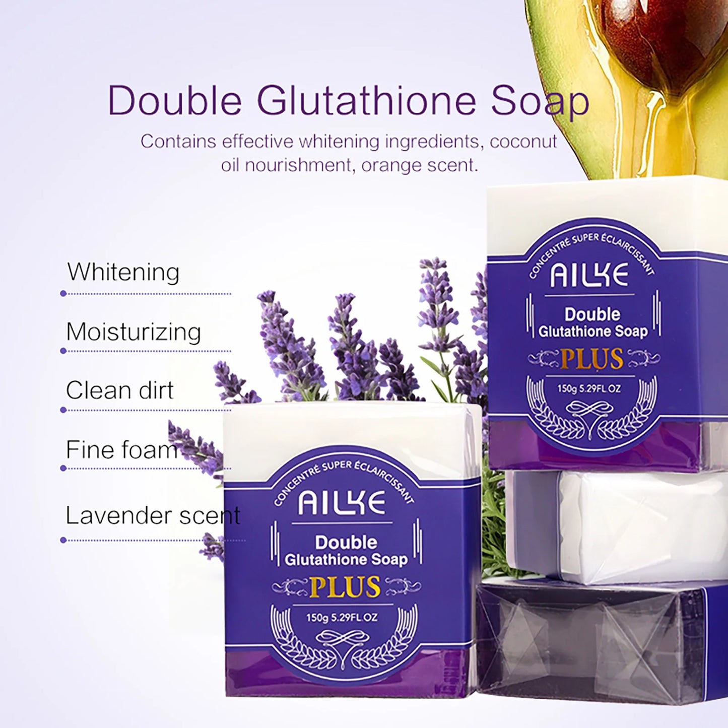 AILKE Double Glutathione Whitening Soap Bar: Deep Cleanse & Dark Spot Remover for Face & Body (Lavender Scent, 150g)