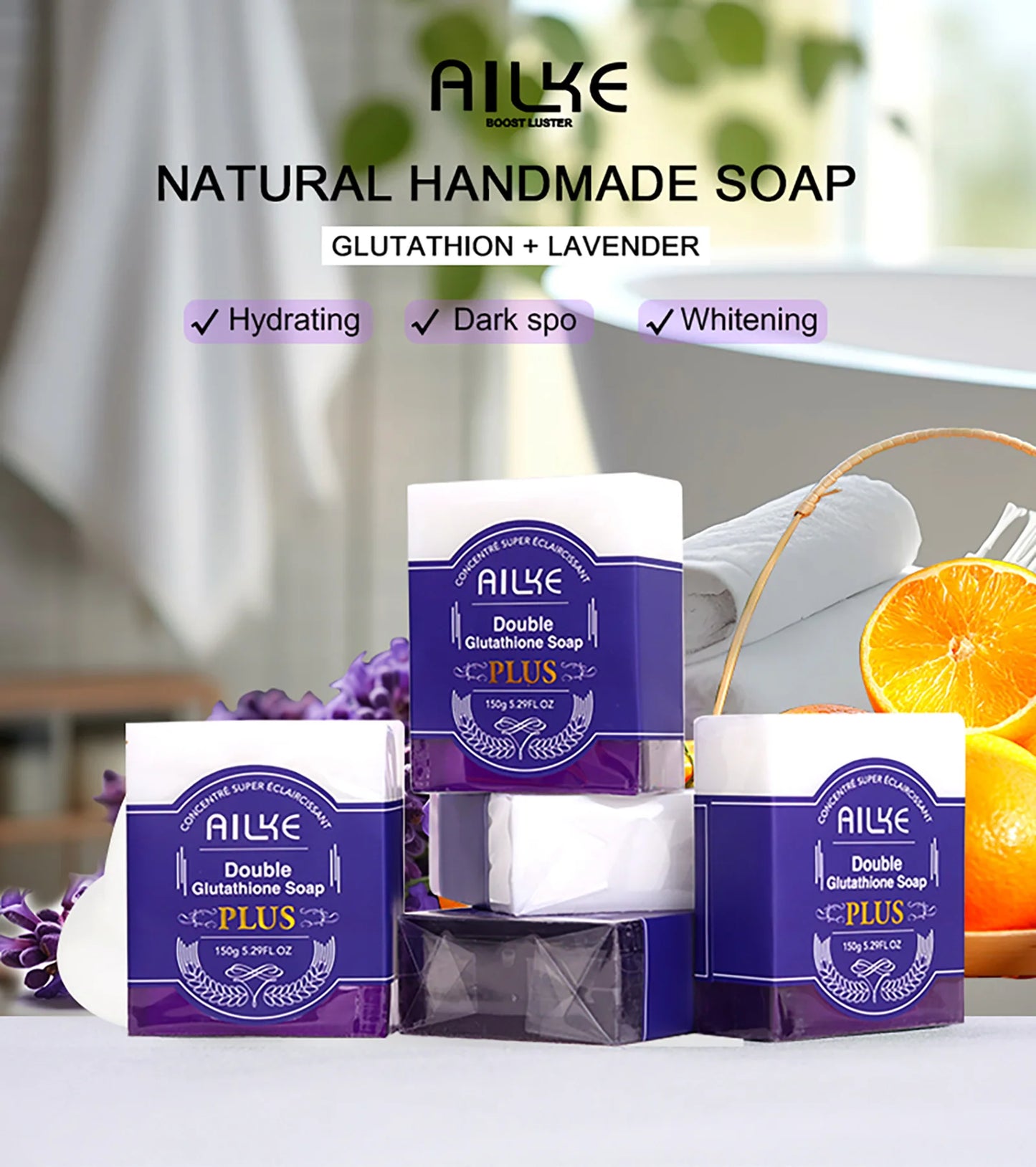 AILKE Double Glutathione Whitening Soap Bar: Deep Cleanse & Dark Spot Remover for Face & Body (Lavender Scent, 150g)