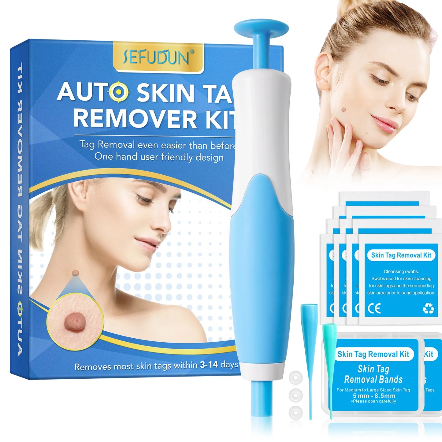 2-IN-1 Auto Skin Tag Removal Tool Kit – Painless Mole & Wart Remover with Cleansing Swabs