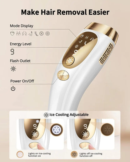 IPL Hair Removal Device Unlimited Flashes – 9 Gears Painless Ice-Cooling Epilator for Men & Women Body, Bikini & Intimate