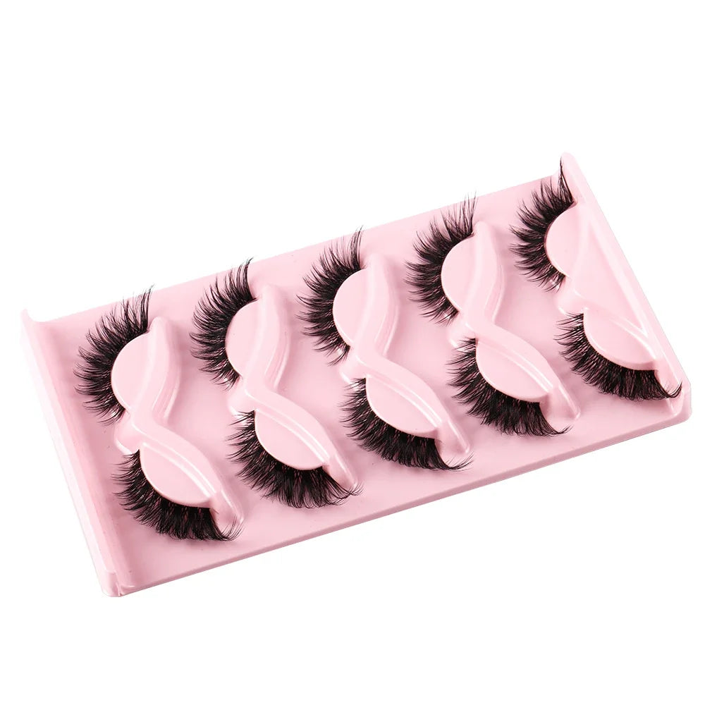 5 Pairs Cat Eye Faux Mink Lashes – Natural Long Winged Manga Style