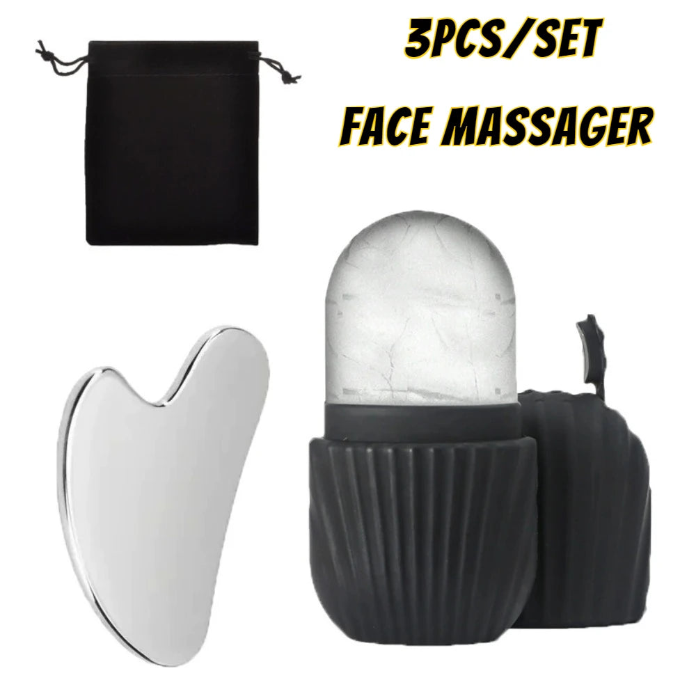 1/3PCS Ice Face Roller & Stainless Steel Gua Sha Board Set