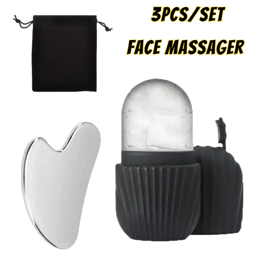 1/3PCS Ice Face Roller & Stainless Steel Gua Sha Board Set