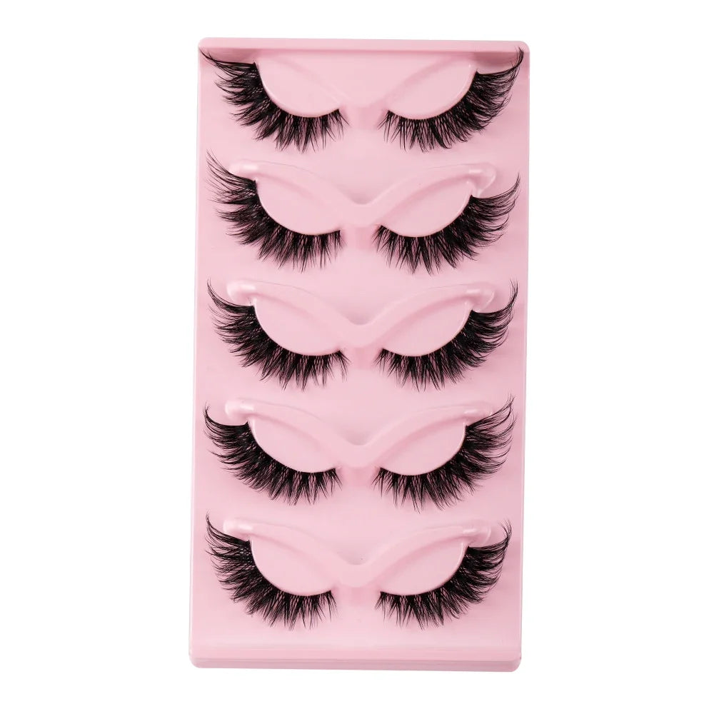 5 Pairs Cat Eye Faux Mink Lashes – Natural Long Winged Manga Style