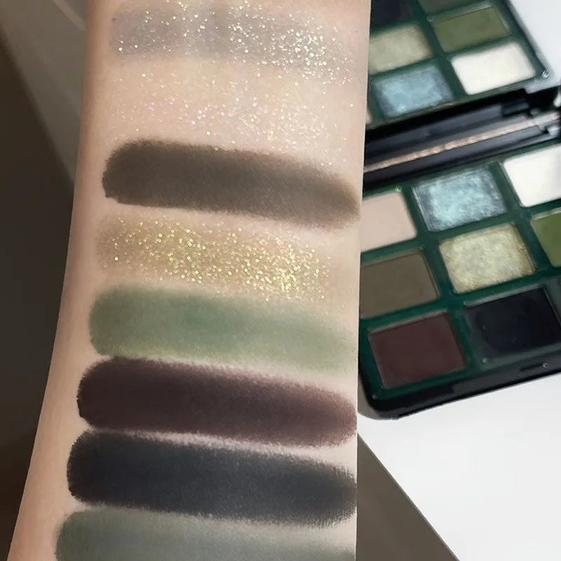 9-Color Eyeshadow Palette – Olive Green Smoky Pearlescent & Matte Makeup