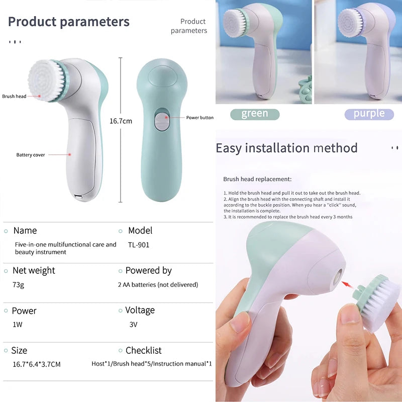 5-in-1 Electric Facial Cleansing Brush – Pore Cleaner & Massager
