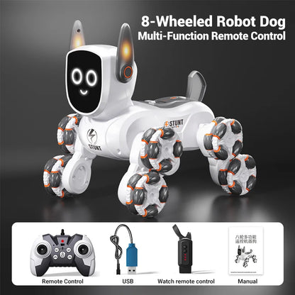 Smart RC Robot Dog – 8-Wheel 4WD Stunt Toy with 360° Rotation & Music