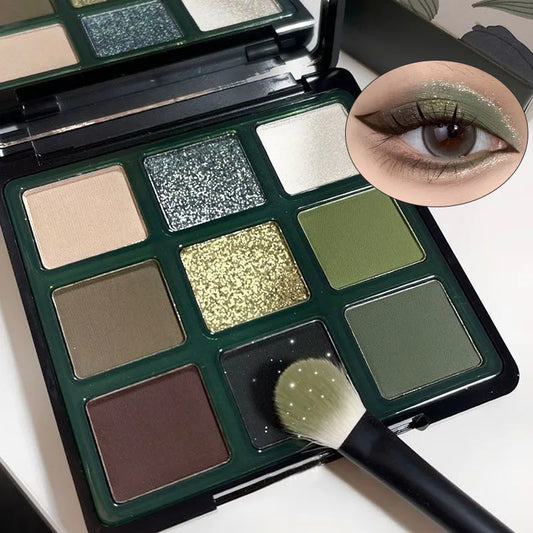 9-Color Eyeshadow Palette – Olive Green Smoky Pearlescent & Matte Makeup