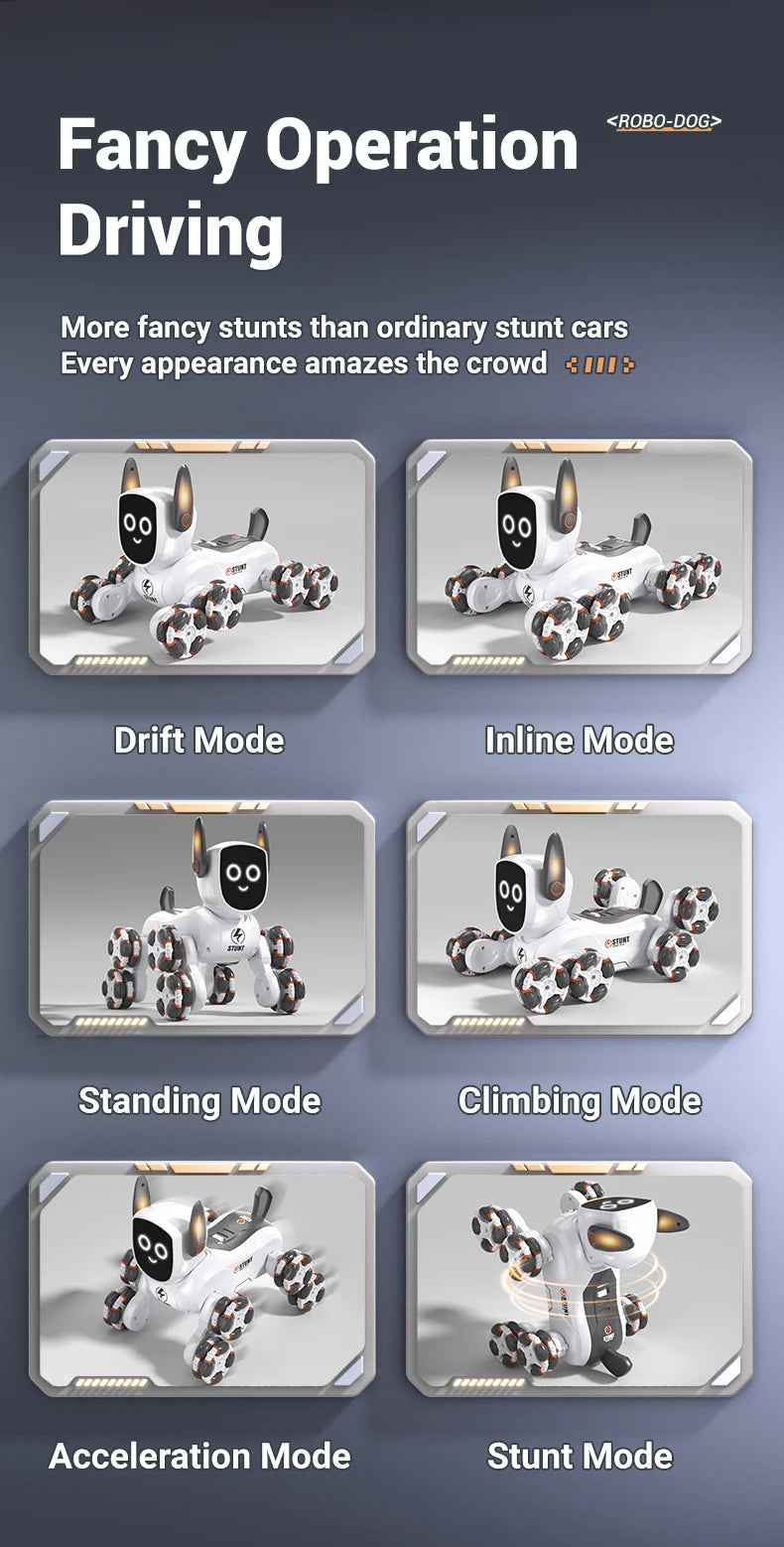 Smart RC Robot Dog – 8-Wheel 4WD Stunt Toy with 360° Rotation & Music