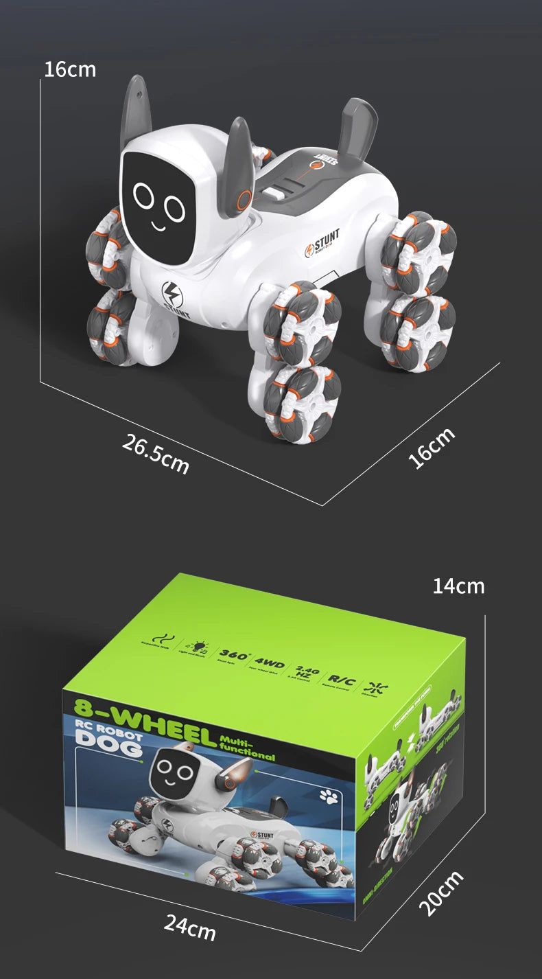 Smart RC Robot Dog – 8-Wheel 4WD Stunt Toy with 360° Rotation & Music