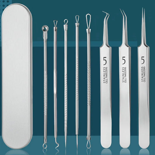 Stainless Steel Blackhead Removal Tool Set – Tweezers, Clips & Acne Needles for Facial Care