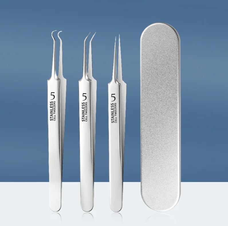 Stainless Steel Blackhead Removal Tool Set – Tweezers, Clips & Acne Needles for Facial Care