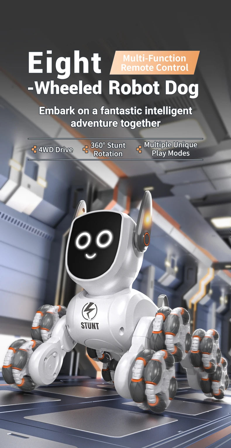 Smart RC Robot Dog – 8-Wheel 4WD Stunt Toy with 360° Rotation & Music