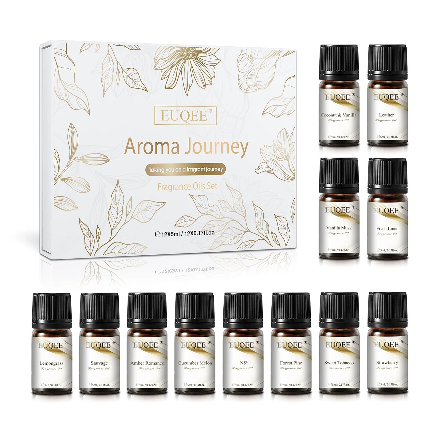 EUQEE 12 Bottles Fragrance Oils Set – Coconut, Vanilla, Amber, Pine, Leather & More