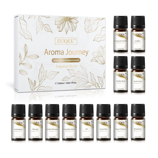 EUQEE 12 Bottles Fragrance Oils Set – Coconut, Vanilla, Amber, Pine, Leather & More