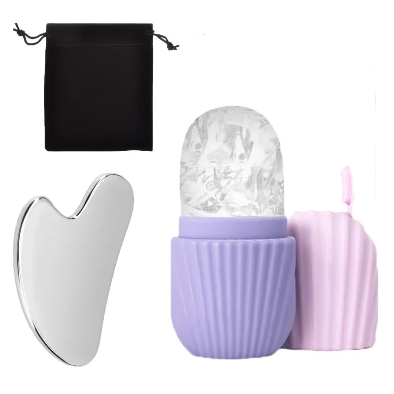 1/3PCS Ice Face Roller & Stainless Steel Gua Sha Board Set
