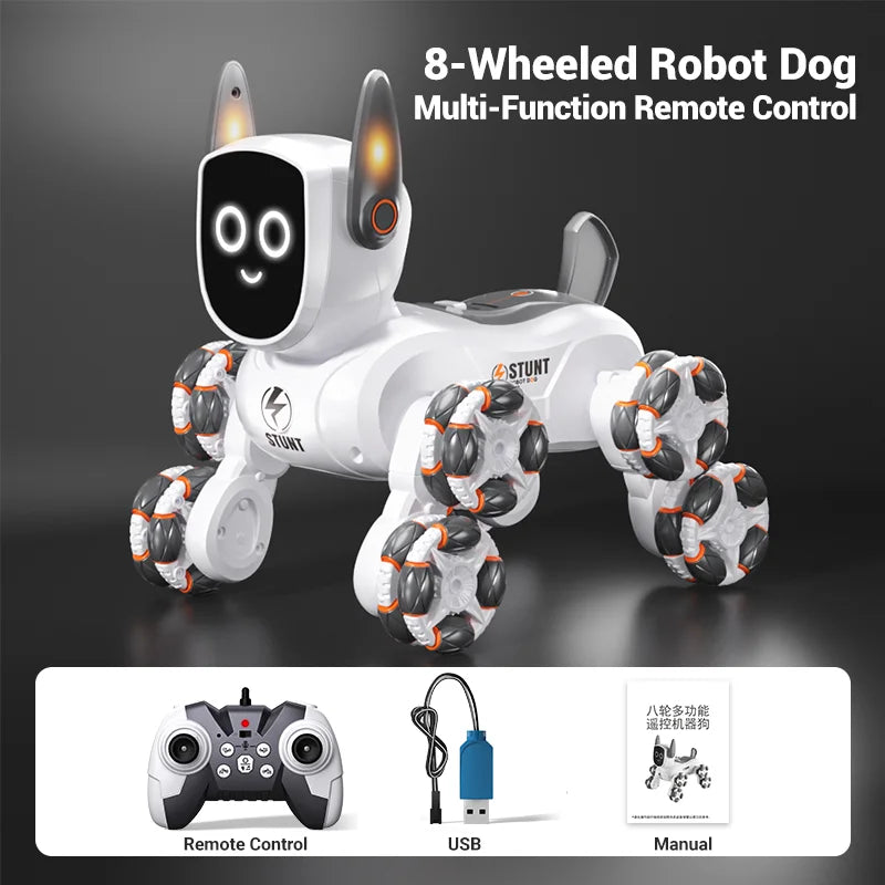 Smart RC Robot Dog – 8-Wheel 4WD Stunt Toy with 360° Rotation & Music