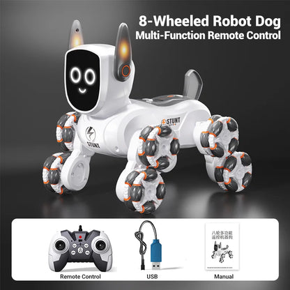 Smart RC Robot Dog – 8-Wheel 4WD Stunt Toy with 360° Rotation & Music