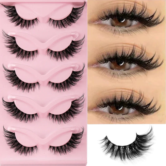 5 Pairs Cat Eye Faux Mink Lashes – Natural Long Winged Manga Style