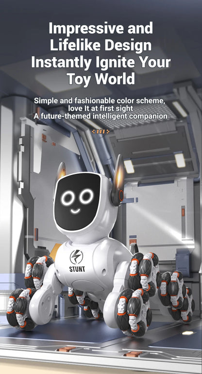 Smart RC Robot Dog – 8-Wheel 4WD Stunt Toy with 360° Rotation & Music