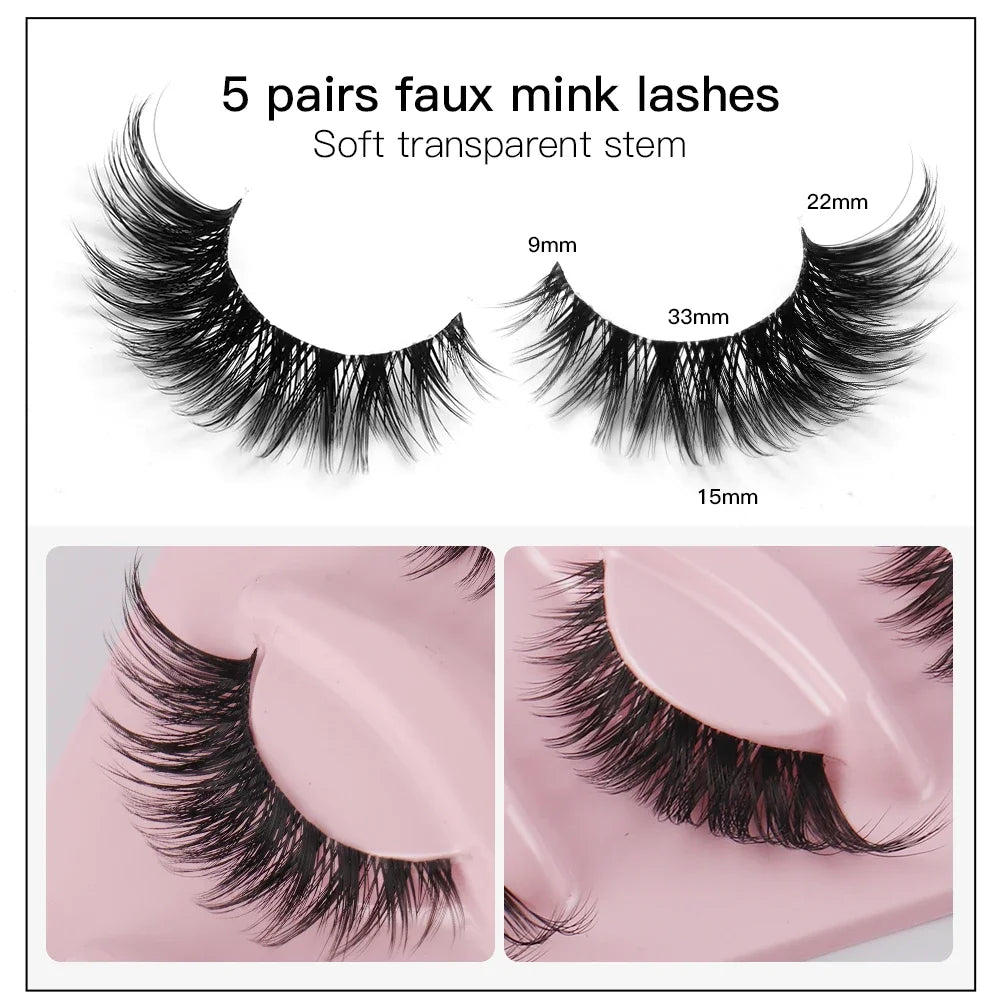 5 Pairs Cat Eye Faux Mink Lashes – Natural Long Winged Manga Style