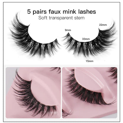 5 Pairs Cat Eye Faux Mink Lashes – Natural Long Winged Manga Style