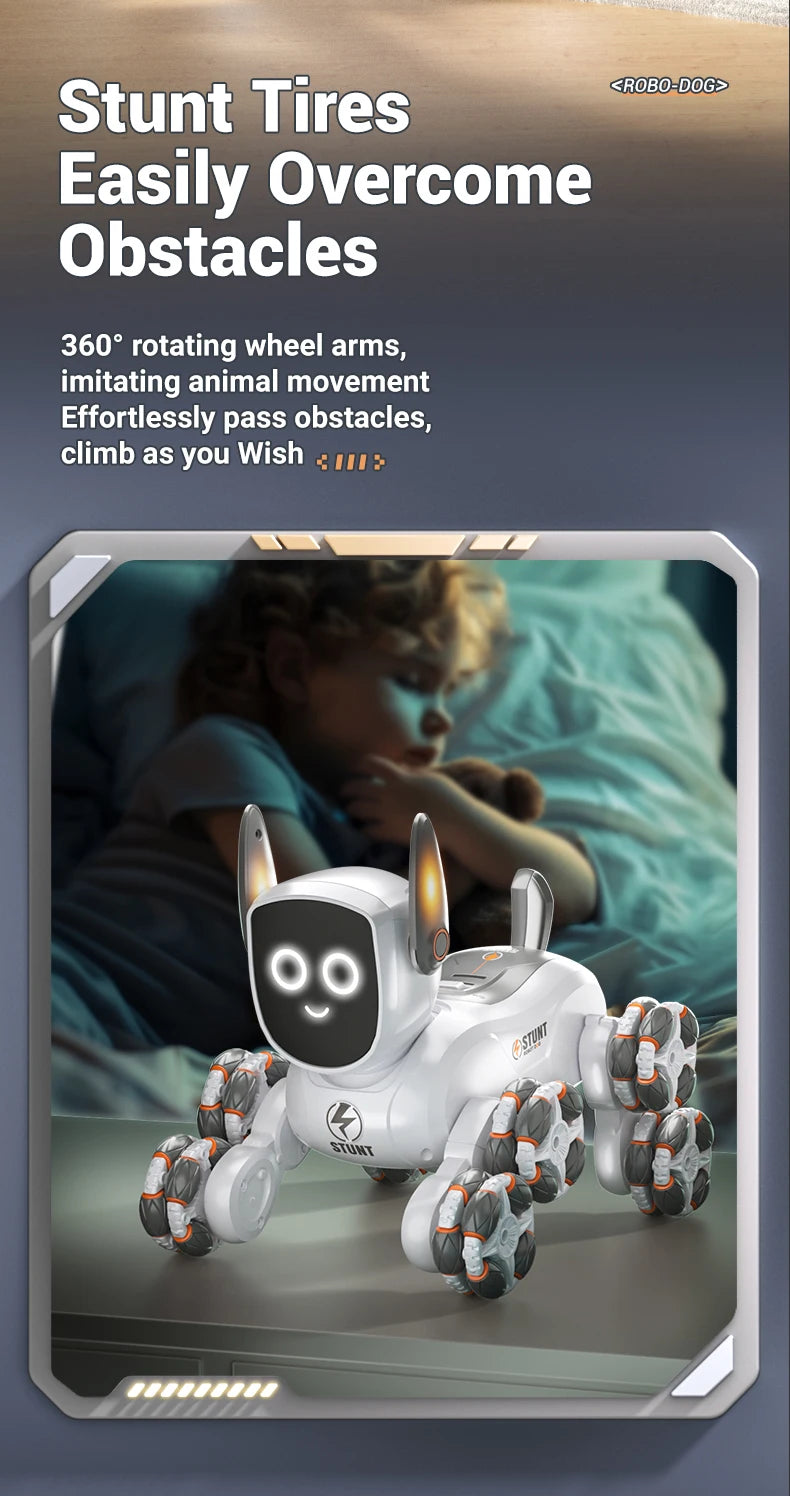 Smart RC Robot Dog – 8-Wheel 4WD Stunt Toy with 360° Rotation & Music