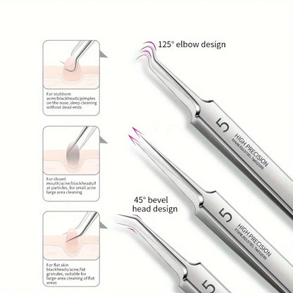 Stainless Steel Blackhead Removal Tool Set – Tweezers, Clips & Acne Needles for Facial Care