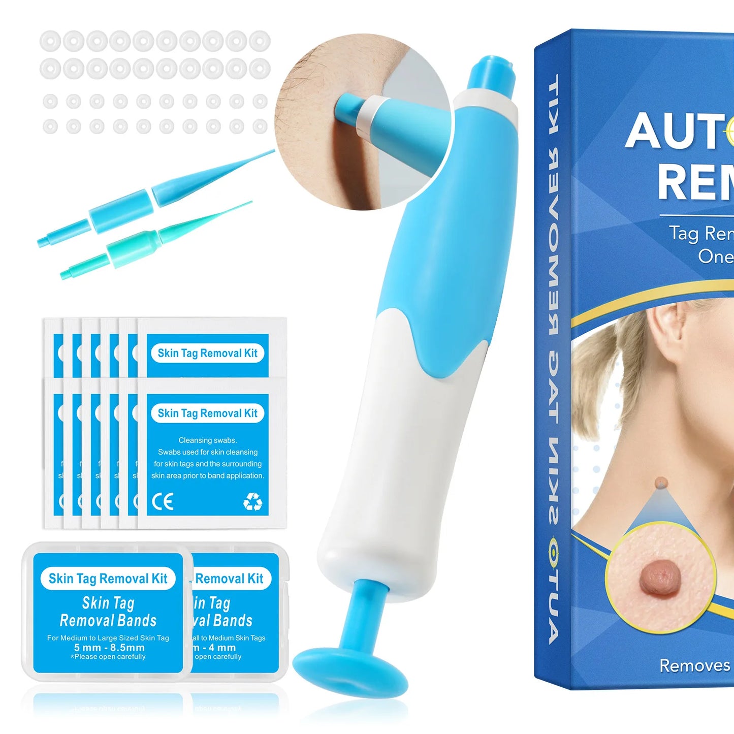 2-IN-1 Auto Skin Tag Removal Tool Kit – Painless Mole & Wart Remover with Cleansing Swabs