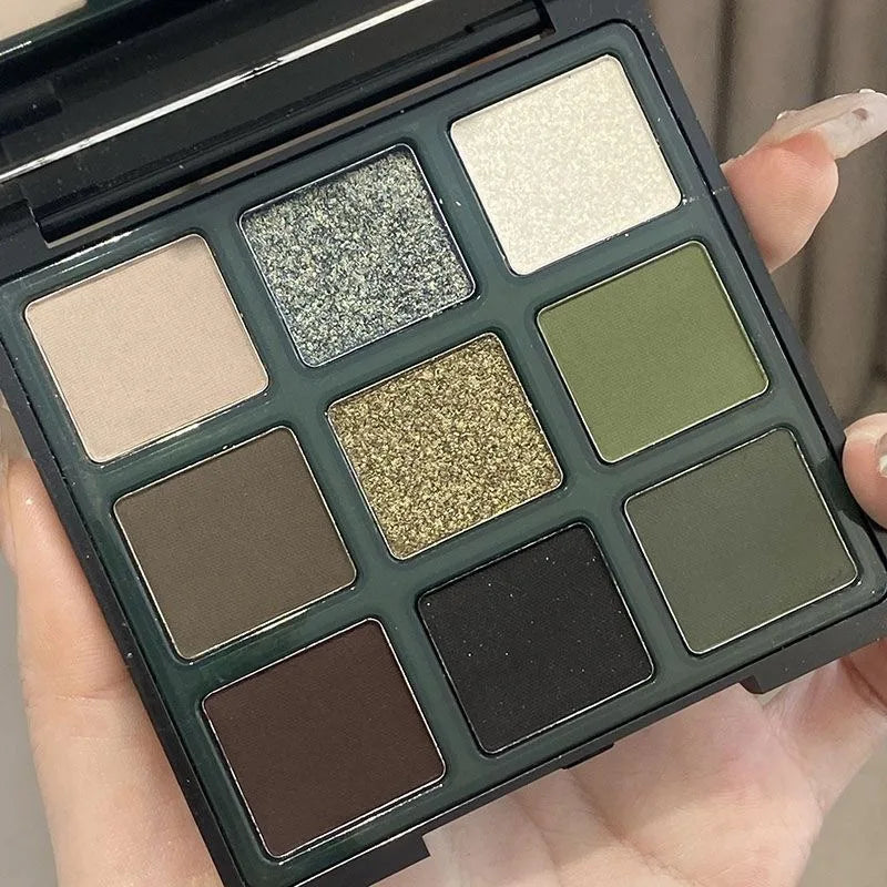 9-Color Eyeshadow Palette – Olive Green Smoky Pearlescent & Matte Makeup
