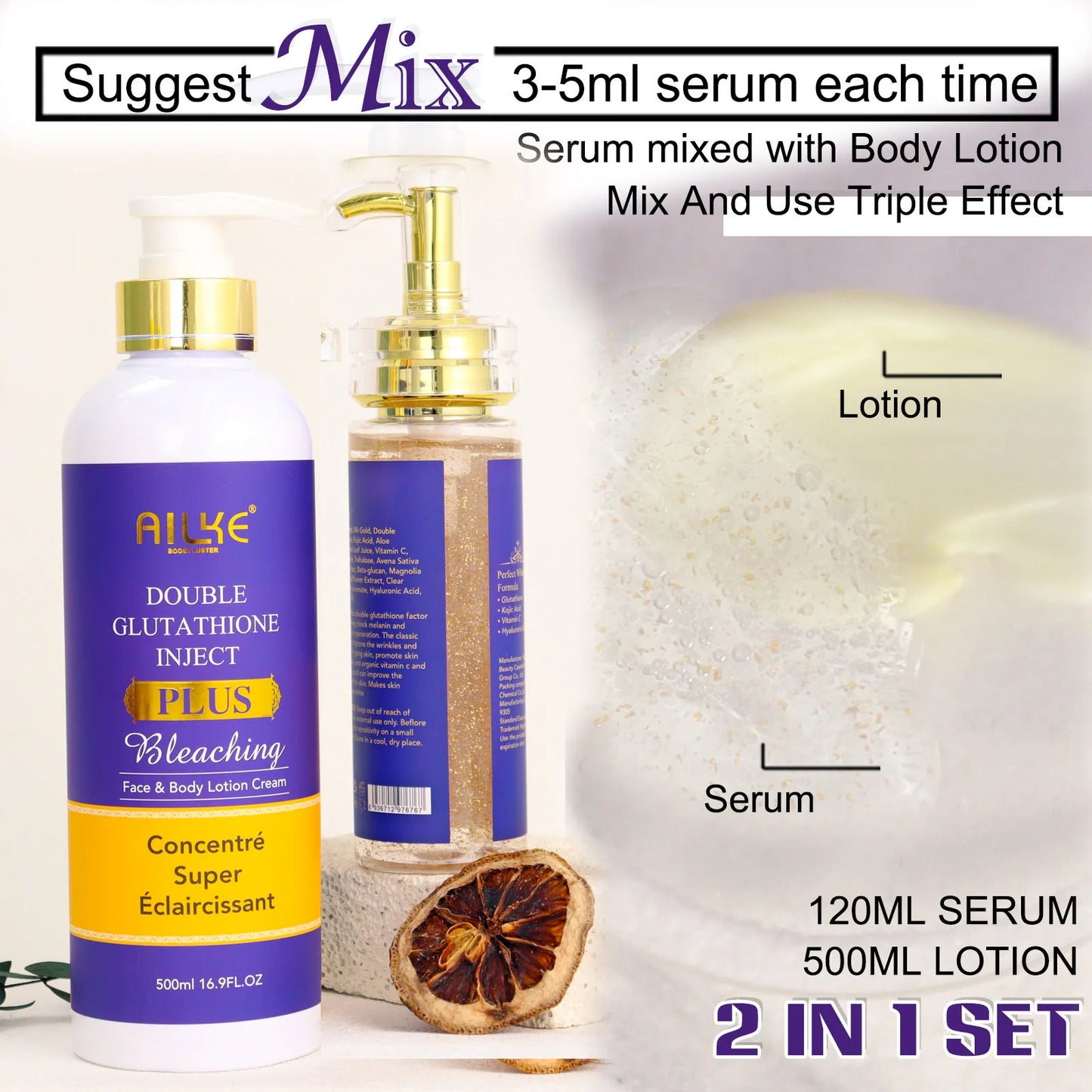 AILKE Double Glutathione Anti-Aging Set | Whitening Serum & Lotion for Dark Spots, Fine Lines & Uneven Skin