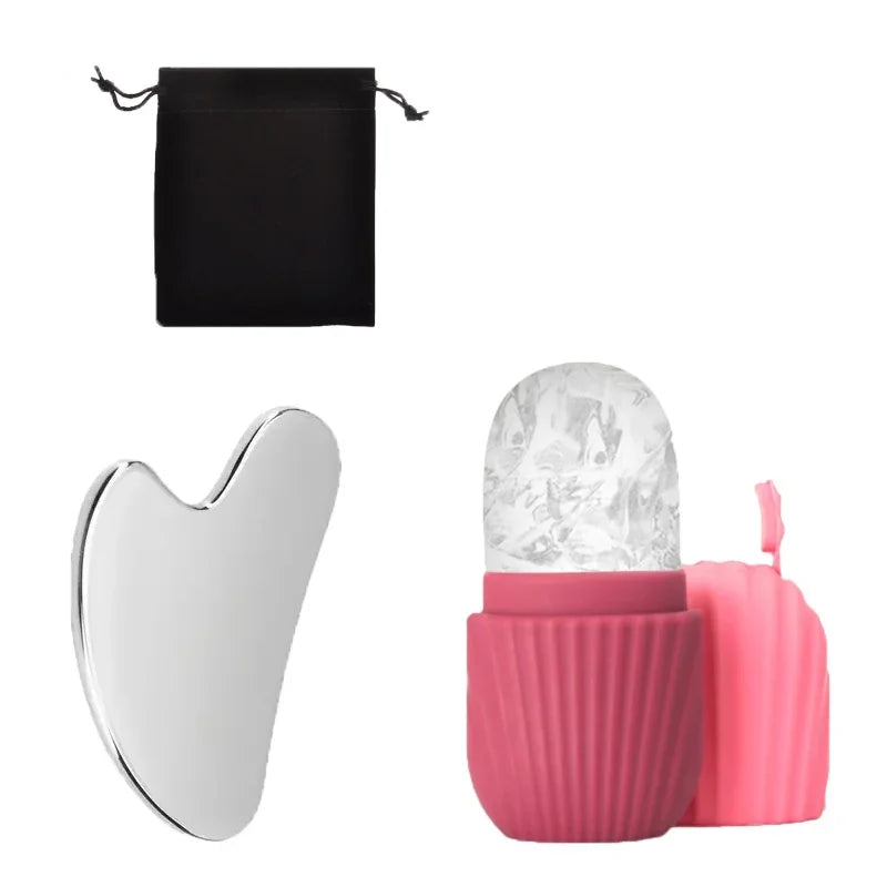 1/3PCS Ice Face Roller & Stainless Steel Gua Sha Board Set