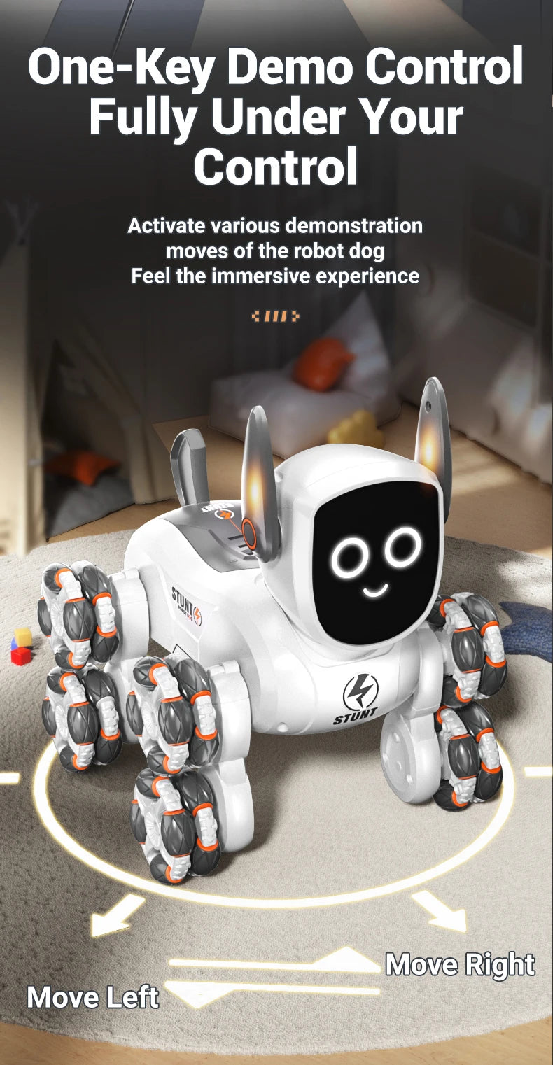 Smart RC Robot Dog – 8-Wheel 4WD Stunt Toy with 360° Rotation & Music