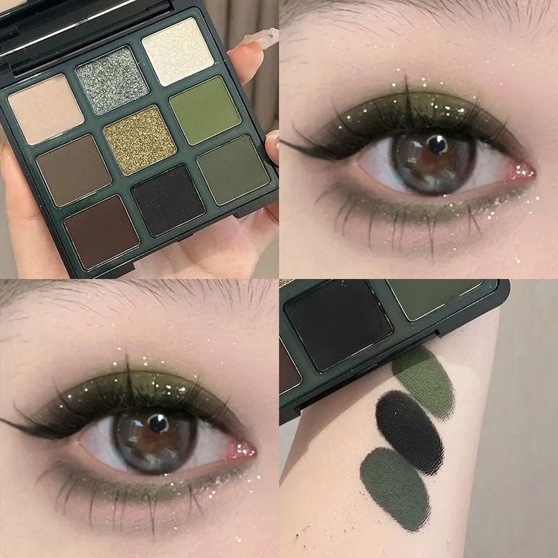 9-Color Eyeshadow Palette – Olive Green Smoky Pearlescent & Matte Makeup