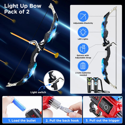 VATOS 2X Bow Arrow + Guns Toy For Kids LED Light Up Archery with Suction Cup Stand Target Dart Board Indoor Outdoor Game Toys