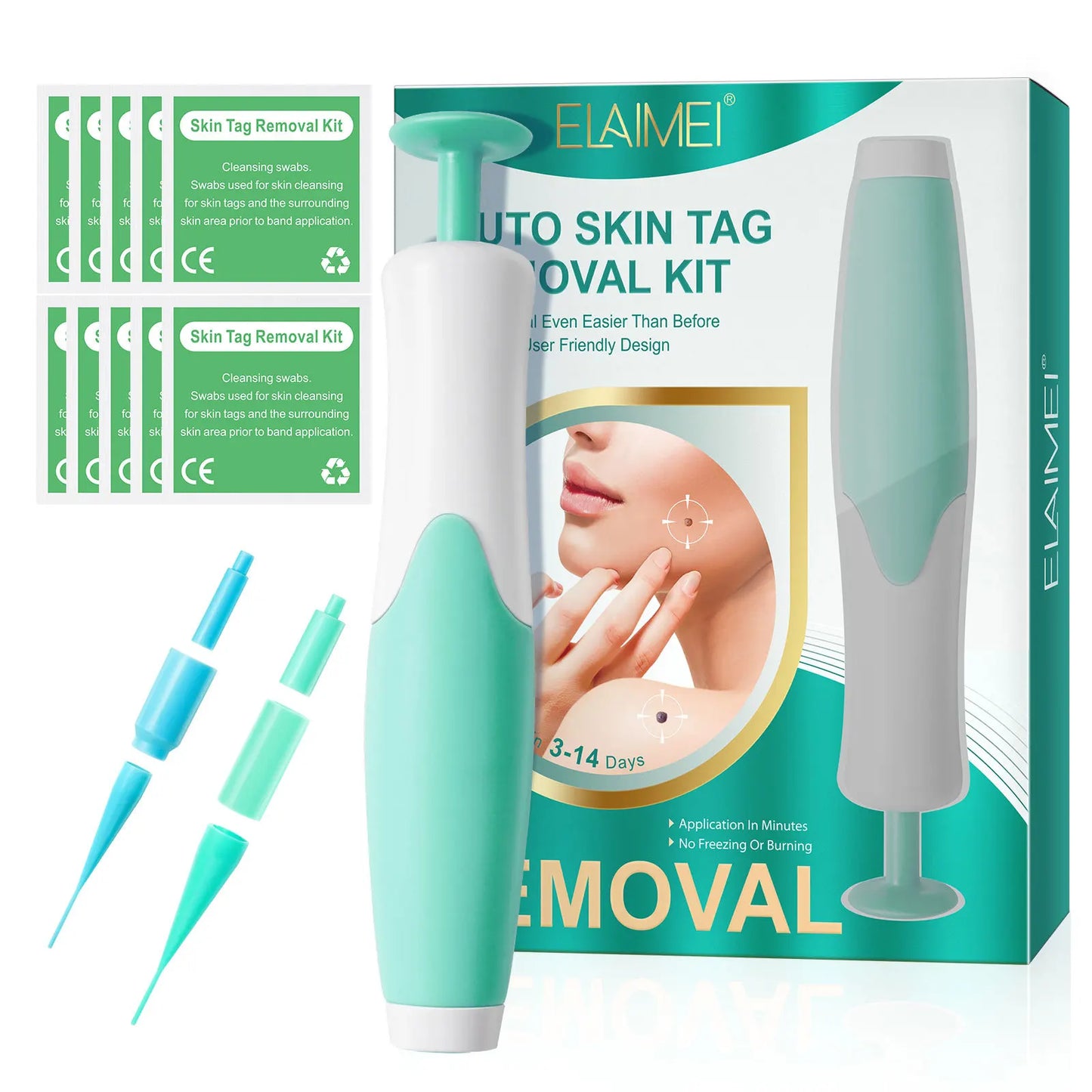 2-IN-1 Auto Skin Tag Removal Tool Kit – Painless Mole & Wart Remover with Cleansing Swabs