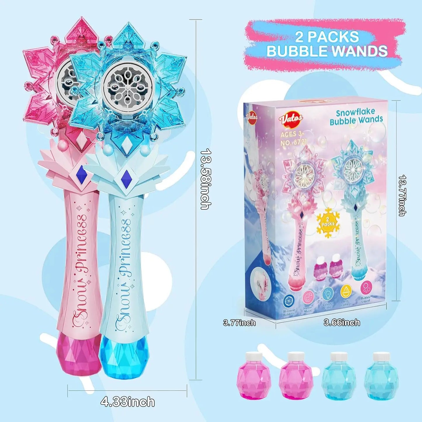 VATOS Bubble Wands X2 for Kids Auto Snowflake Bubble Blower Light & Music Bubble Machine with 2 Windmill Outdoor Toy Girls Boys